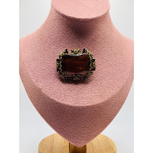 Vintage Statement Brooch – Large Amber Glass Stone with Ornate Brass Filigree - Picture 1 of 2